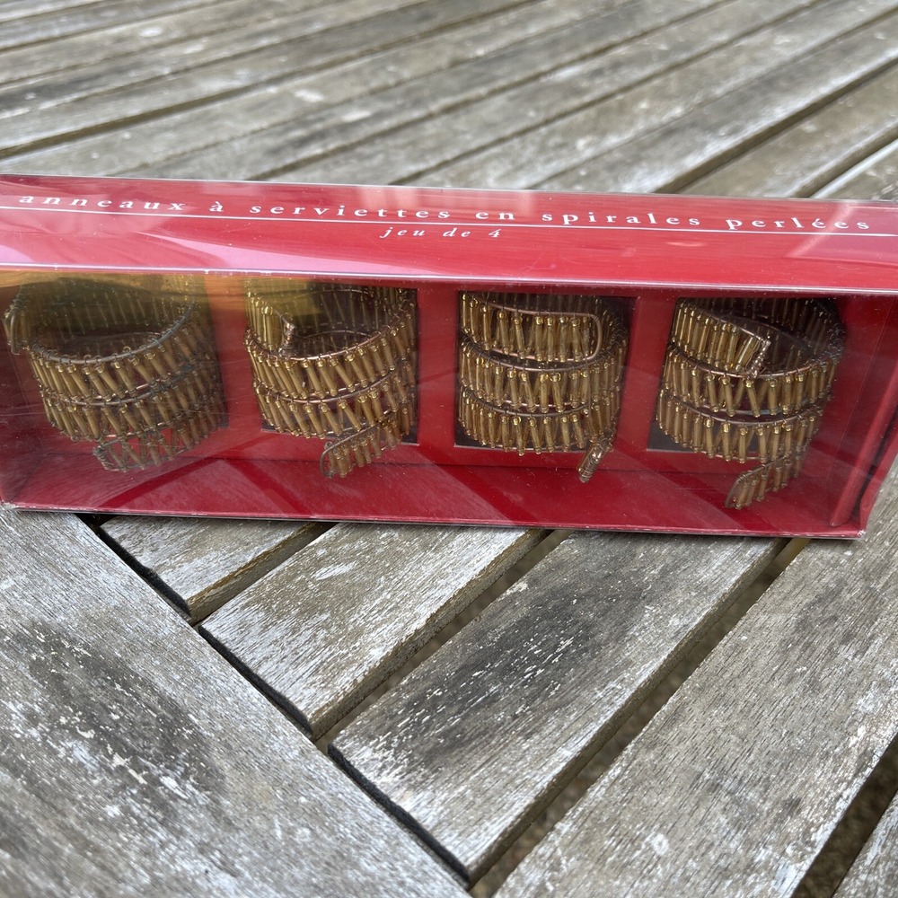PIER ONE SPIRAL GOLD BEADED WIRE SET OF 4 NAPKIN RINGS 2 1/4" TALL NEW IN BOX
